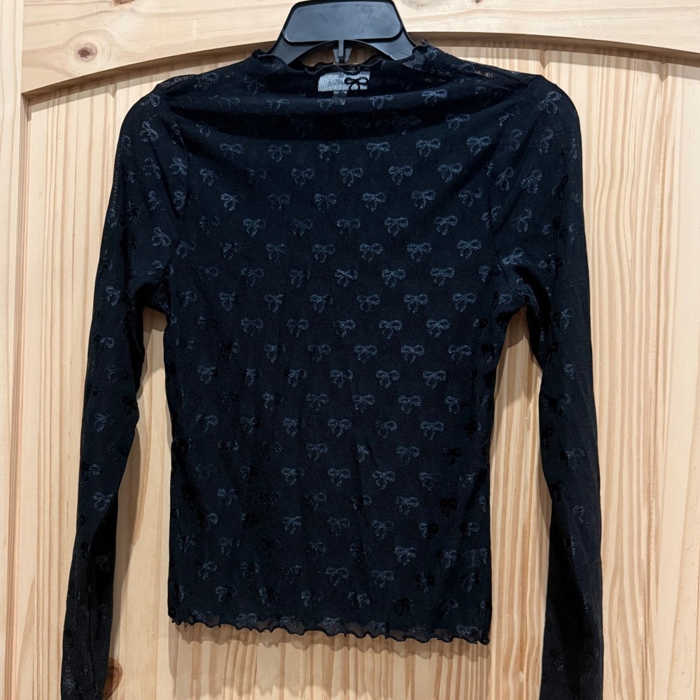 Willow + Root Black Sheer Mesh Flocked Bow Top Long Sleeve Lettuce Hem Small